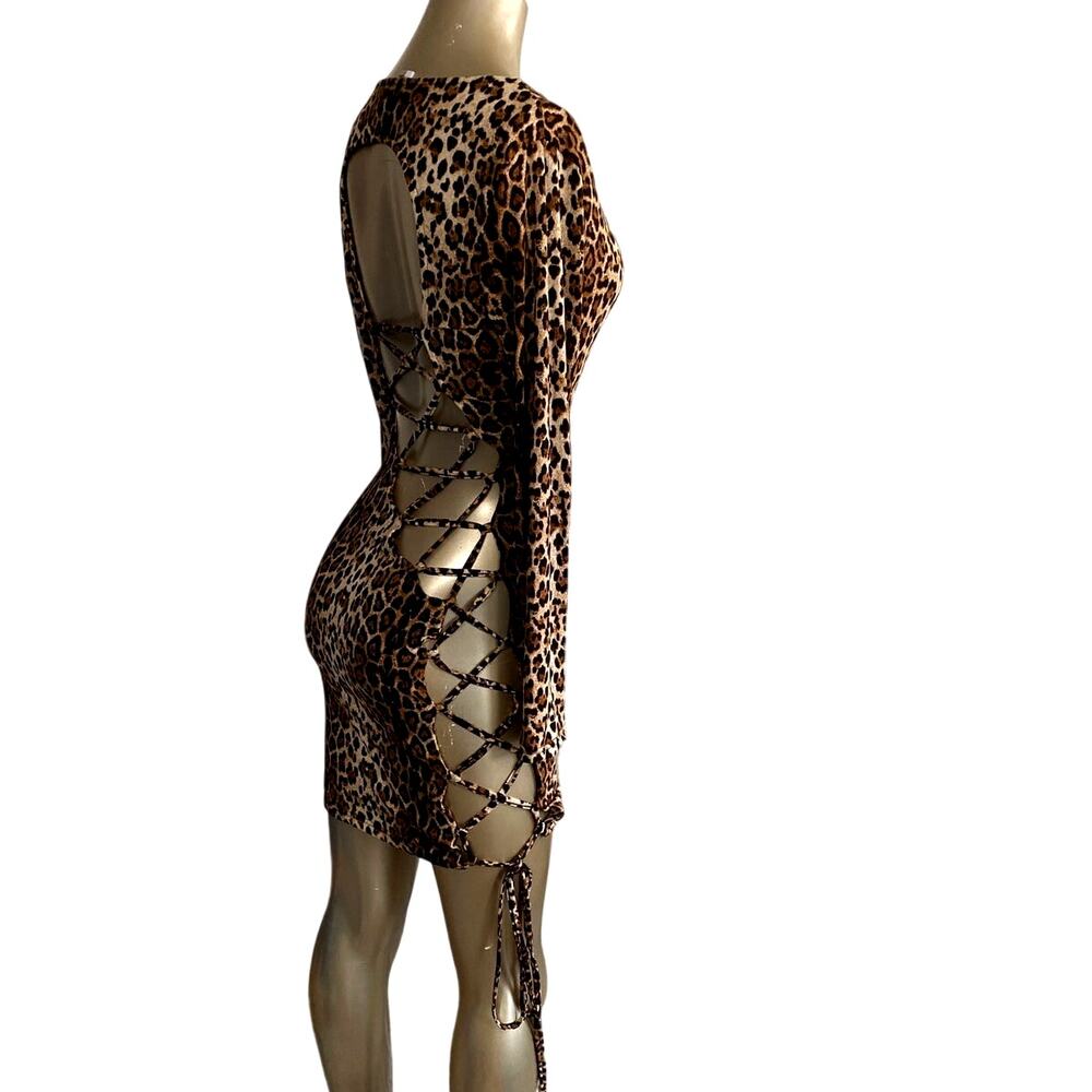 NWOT CBR Leopard Print Lace Up Cutout Bodycon Mini Dress XL
